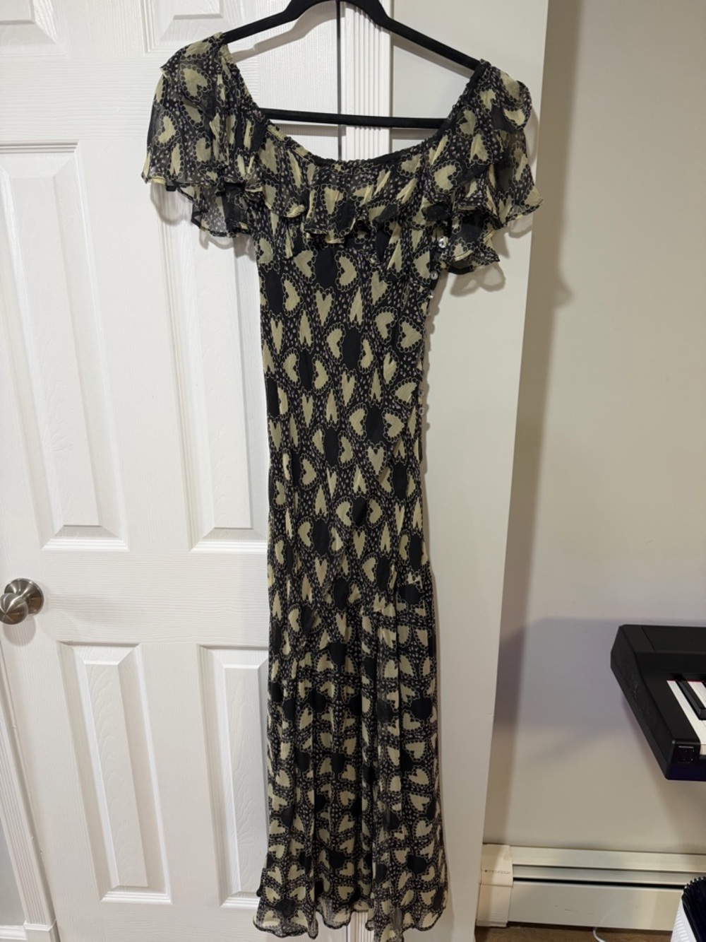 Free People Black and Cream Ruffled Off-Shoulder Maxi Dress